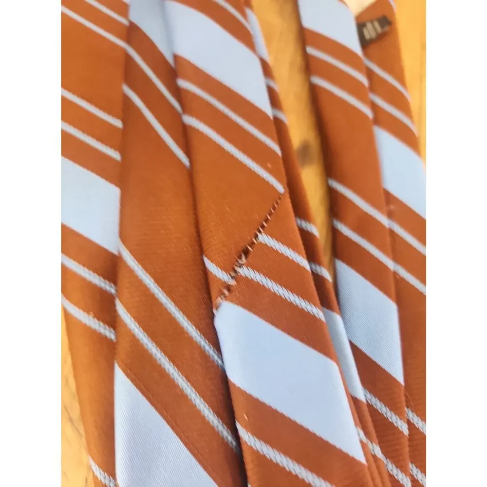 Vintage 70s Sears Mens Store Tie Rust Brown Blue Stripe Polyester Necktie